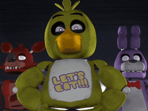 chica the chicken from five nights at freddy 's stands in front of foxy and bonnie