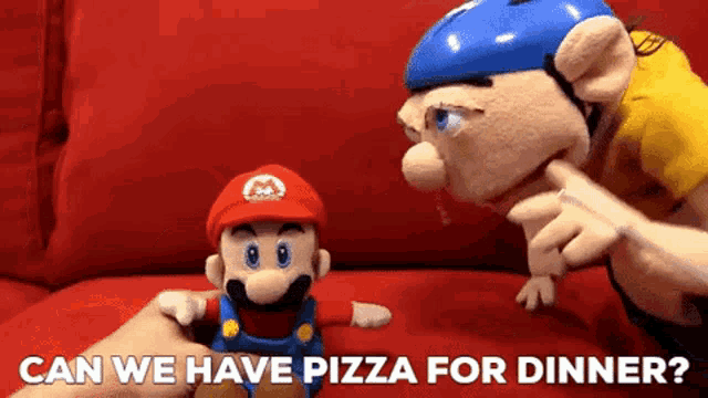 two stuffed mario dolls are sitting on a red couch with the words " can we have pizza for dinner " written below them