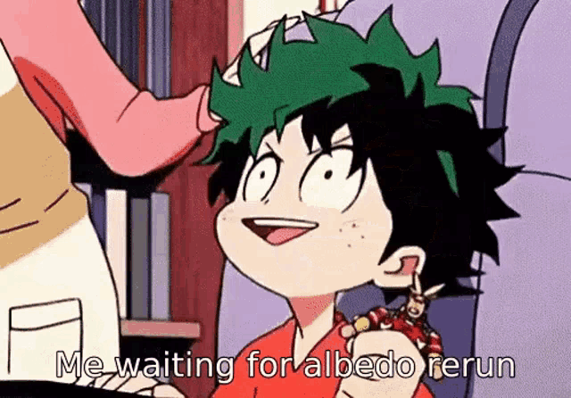 a cartoon of a boy with green hair is sitting on a couch with a woman putting a necklace on his head .