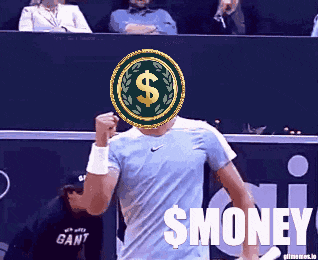 a tennis player with a dollar sign on his face and the word money behind him