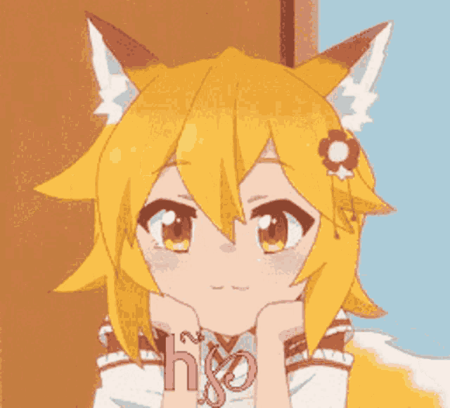 a girl with fox ears and a flower in her hair is holding her hands to her chin