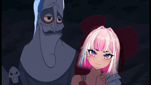 a girl with pink hair is standing next to a man with a skull on his arm