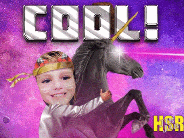 a picture of a boy hugging a unicorn with the words cool written on it