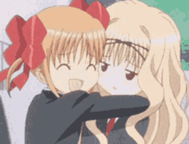 two anime girls are hugging each other and one has a red bow on her head