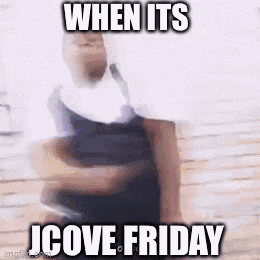 a blurry picture of a person walking with the words `` when it 's jcove friday '' .