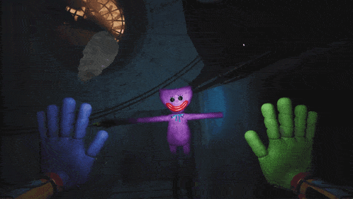 a purple teddy bear with a red nose and a blue bow