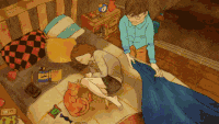 a pixelated drawing of a man and woman laying on a bed