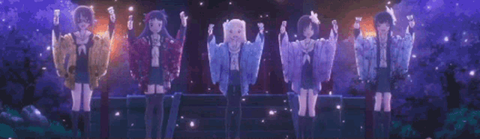 a group of anime girls are standing in a line