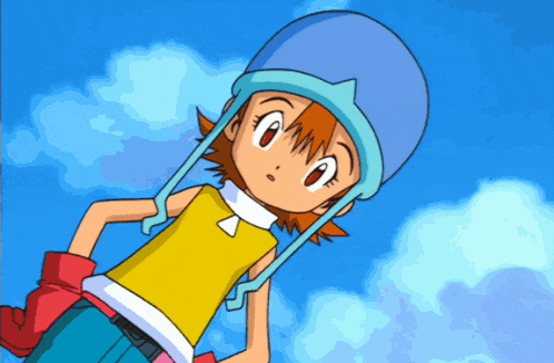 a cartoon character with a blue hat and a yellow top