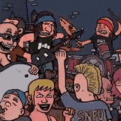 a cartoon of a group of people standing around a band playing instruments .