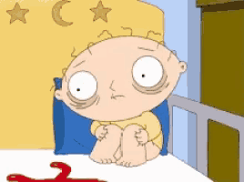 a cartoon of a baby sitting in a bed with a hanger on the floor