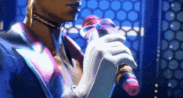 a woman in a suit is singing into a microphone in a video game .