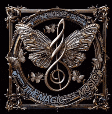 a picture of a treble clef with butterflies and the words " the magic music " below it