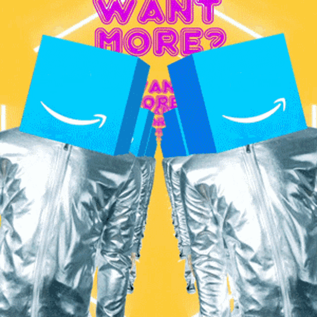 a group of people with amazon boxes on their heads that say want more