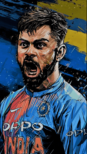 a drawing of a man with a beard wearing an oppo india jersey