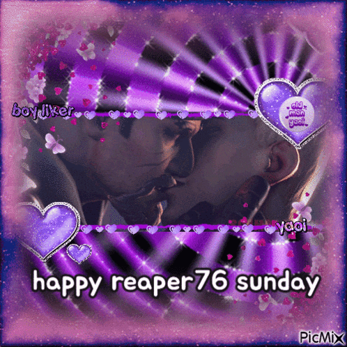 a picture of a man and woman kissing with the words happy reaper 76 sunday