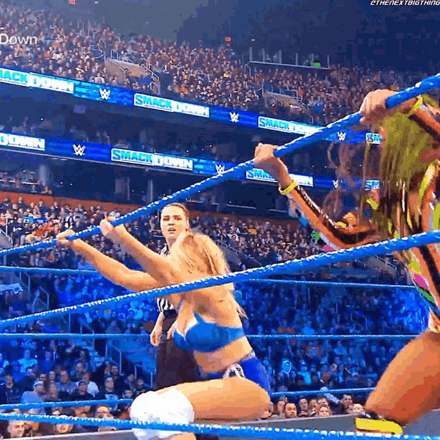 a woman in a blue bra is kneeling in a wrestling ring with a crowd watching ..