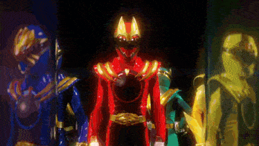 a group of power rangers stand in a dark room