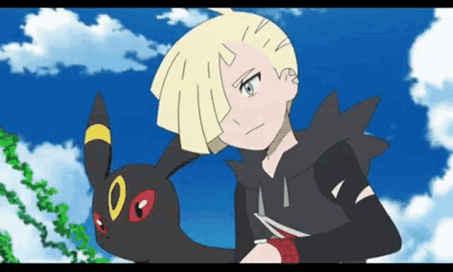 a boy and a black pokemon are standing next to each other in a cartoon .
