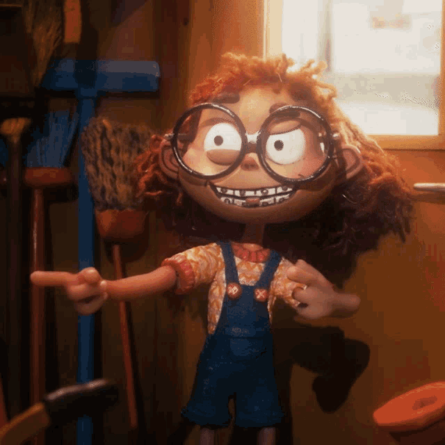 a cartoon character wearing glasses and overalls is pointing at something