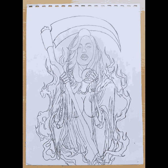 a black and white drawing of a woman holding a scythe with flames around her