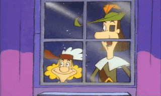 two cartoon characters are looking out of a window