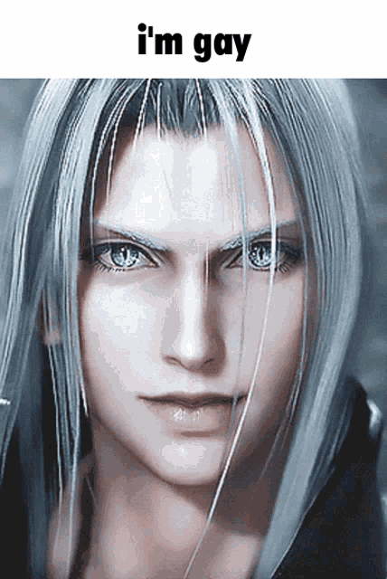 a close up of a person 's face with the words " i 'm gay " above it