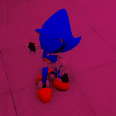 a sonic the hedgehog toy is sitting on a tiled floor in a red room .