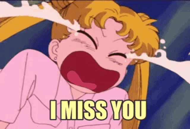 a cartoon girl is crying with tears coming out of her eyes and the words `` i miss you '' .