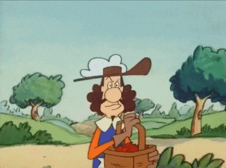 a cartoon of a man holding a basket in a field with trees