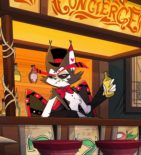 an illustration of a cat holding a bottle in front of a concierge sign