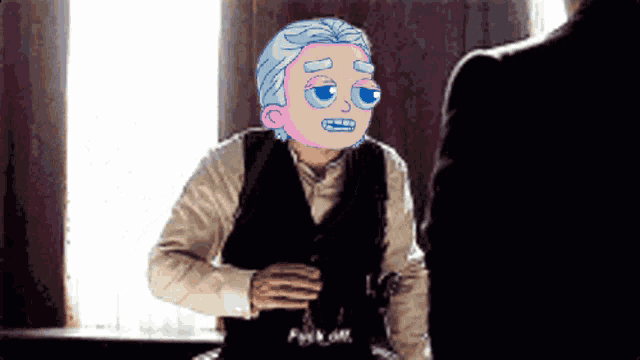 a pixel art of a man talking to another man with the words " fuck off "