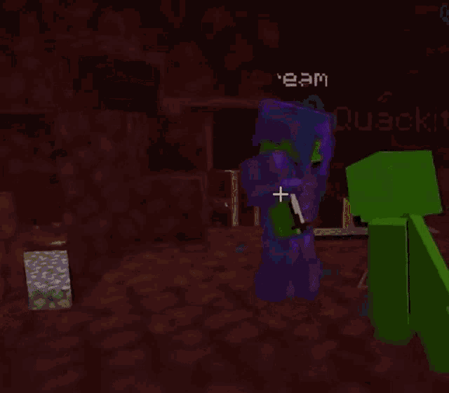 a green minecraft character standing next to a purple minecraft character