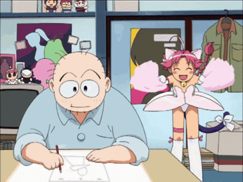 a bald man is sitting at a desk with a pencil in his hand while a girl in a pink dress stands behind him
