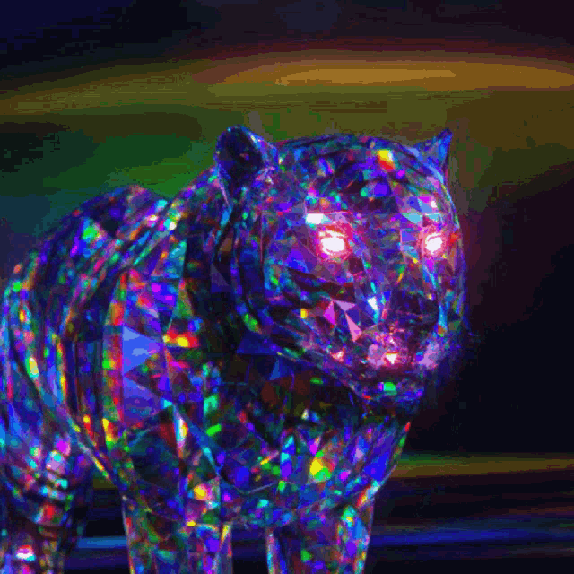 a statue of a tiger made of holographic gems with red eyes