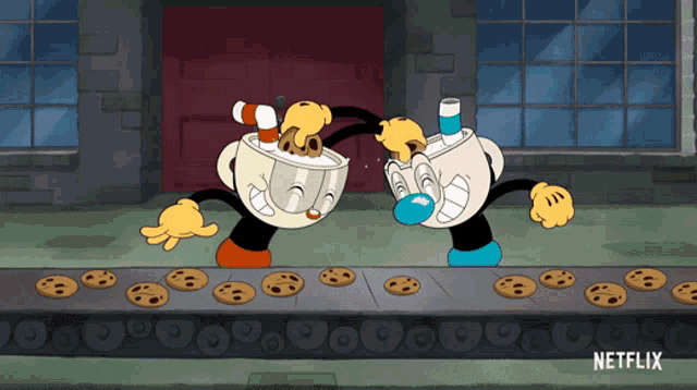 two cuphead characters are standing next to each other in front of a conveyor belt full of cookies