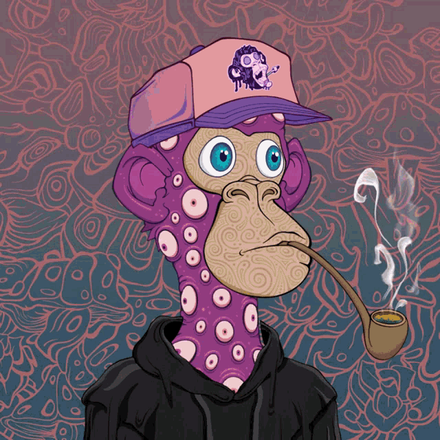 a cartoon of a monkey wearing a hat and a hoodie smoking a pipe