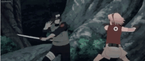 a man and a woman are fighting with swords in a cartoon .