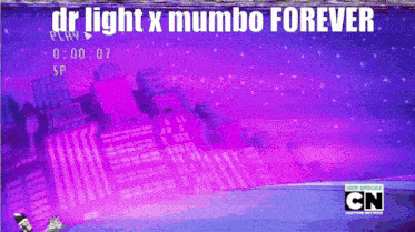 a cartoon network advertisement for dr light x mumbo forever with a purple background