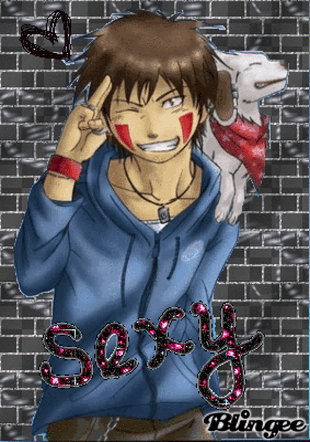 a picture of a boy with a dog on his shoulder with the word sexy written on it