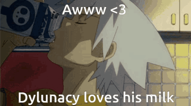 a cartoon of a man drinking a carton of milk with the caption " dylunacy loves his milk "