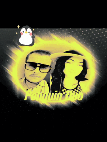 a man and a woman are surrounded by a yellow circle that says penguin too