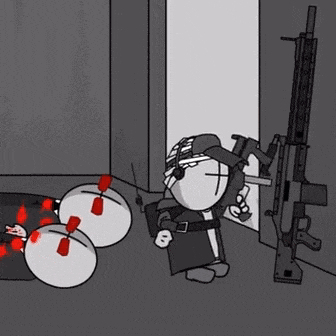 a cartoon character is standing next to a rifle in a room with a bunch of balloons .
