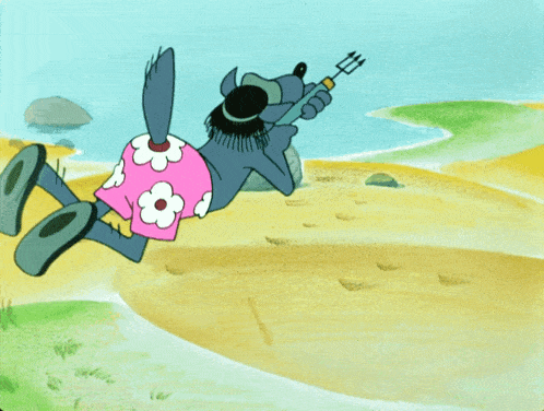 a cartoon drawing of a wolf wearing a pink flowered skirt