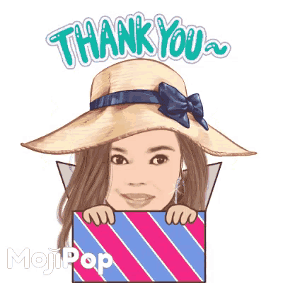 a cartoon of a woman wearing a hat holding a gift box with the words thank you written on it