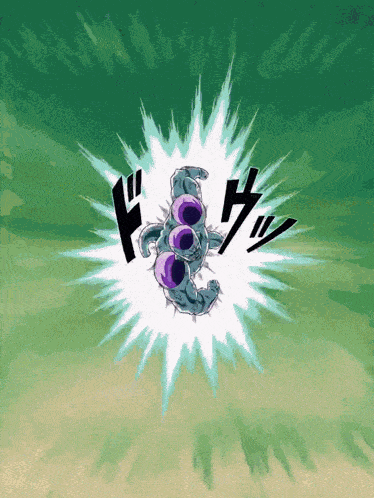 a cartoon drawing of a purple monster with a green background and a white explosion