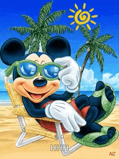 mickey mouse is wearing sunglasses while sitting in a beach chair on the beach .