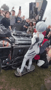 a woman in a costume with the number 10 on her back is riding a skateboard