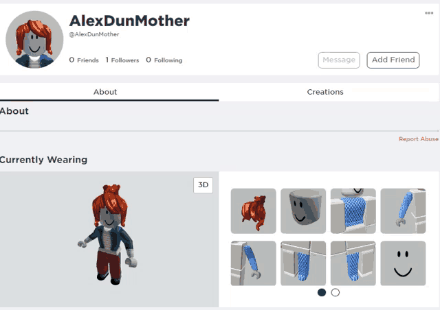a screenshot of alexdunmother 's roblox account showing creations