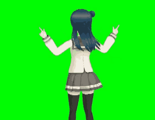a girl in a school uniform is dancing with her arms outstretched on a green screen .